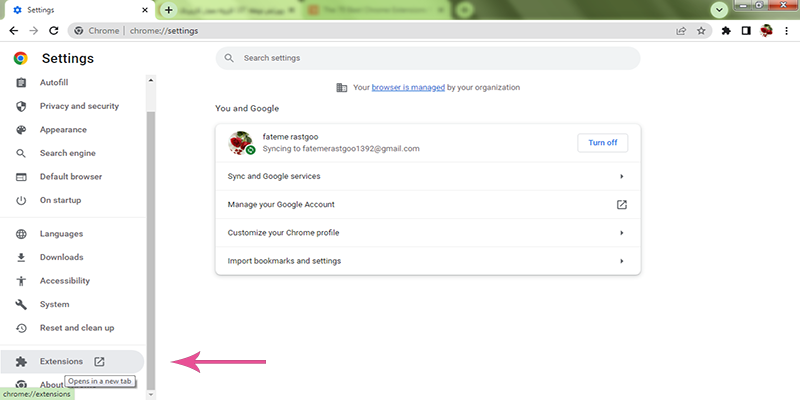منوی افزونه در صفحه تنظیمات کروم