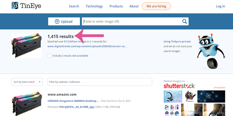 صفحه نمایش نتایج جستجوی یک تصویر با افزونه کروم TinEye