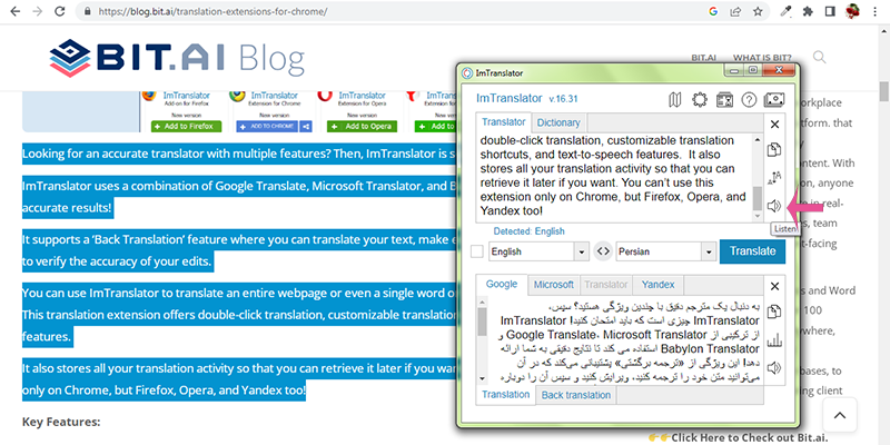 کلیک روی آیکون voice افزونه مترجم کروم