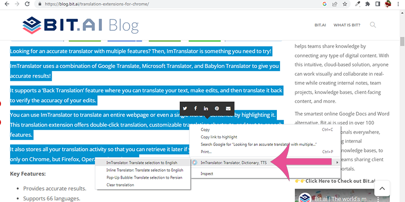 انتخاب متن مورد نظر و کلیک راست روی آن و انتخاب لفزونه مترجم کروم ImTranslator